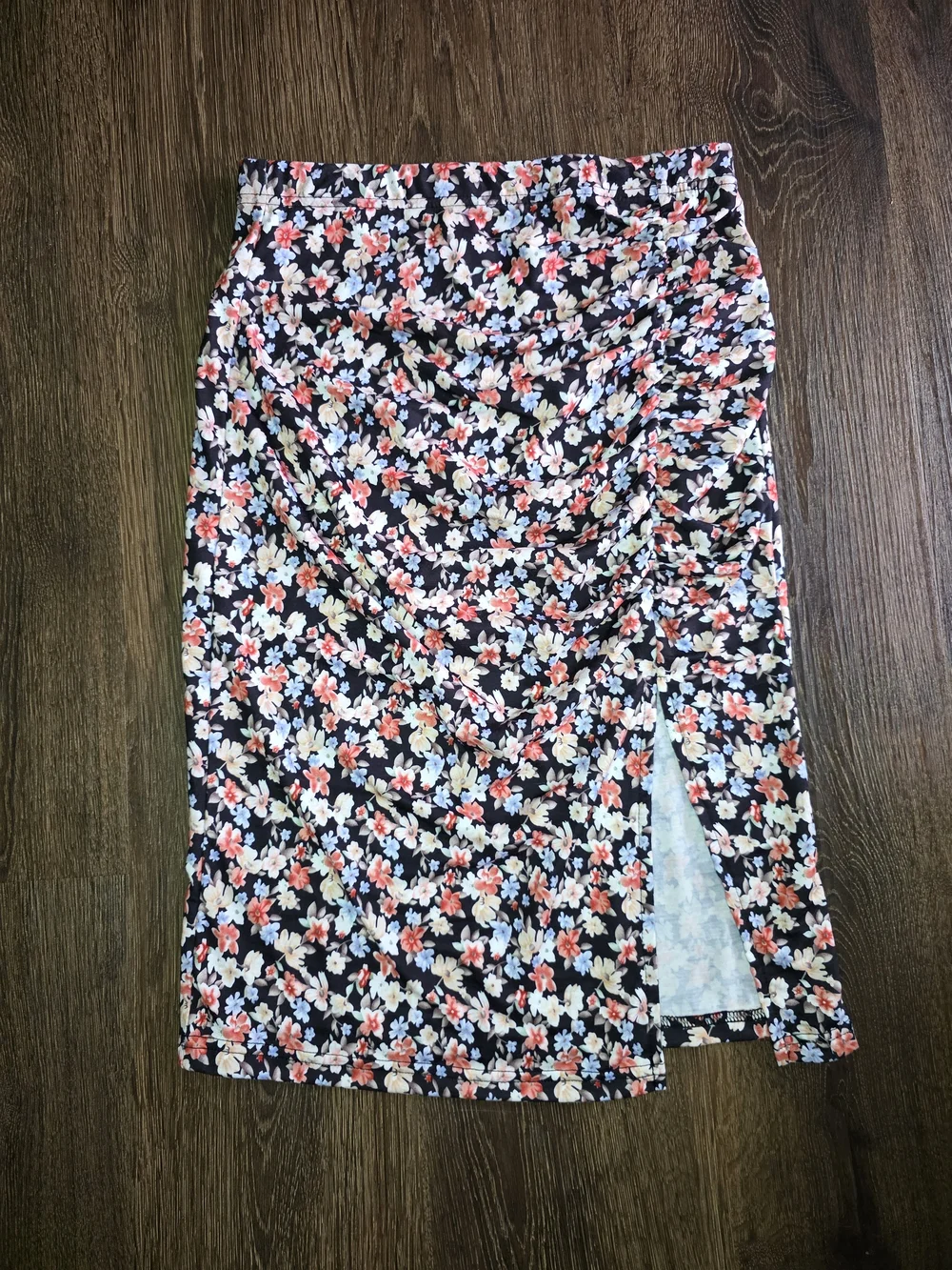 SHEIN Black Floral Midi Skirt with Pink & Cream Blossoms